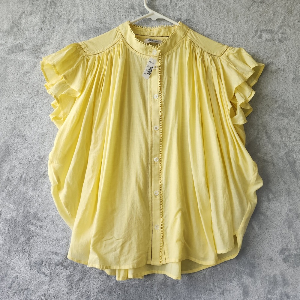 Madewell Top Womens XL Ladder Lace Trim Iced Lemon Yellow Shirred Blouse NWT